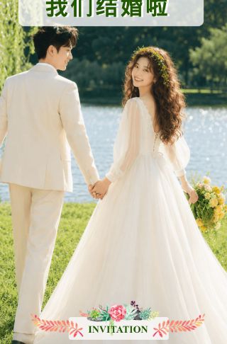 浪漫花绘绿色婚礼电子请柬结婚喜帖
