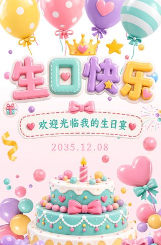 3D气球生日宴会邀请函请柬请帖生日聚会小孩大人生日邀请函