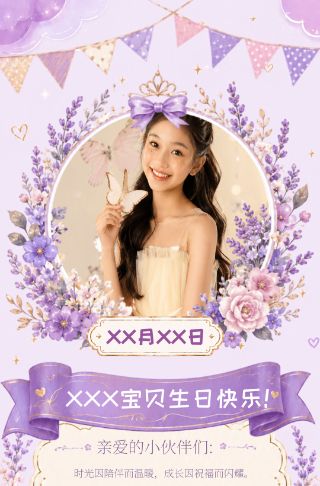 紫色梦幻宝贝生日宴邀请函
