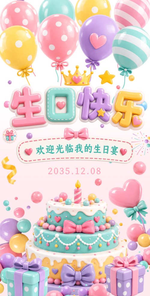 3D气球生日宴会邀请函请柬请帖生日聚会小孩大人生日邀请函