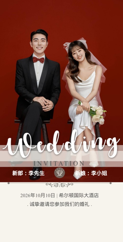 红色简约ins时尚婚礼邀请函结婚请柬