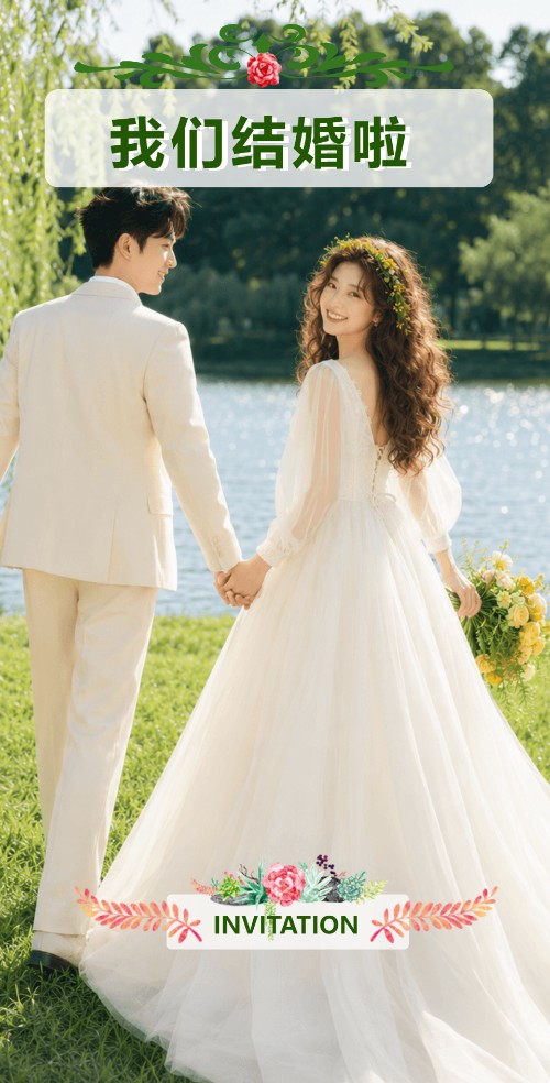 浪漫花绘绿色婚礼电子请柬结婚喜帖